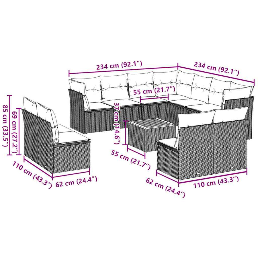 12-Delige Loungeset Met Kussens Poly Rattan