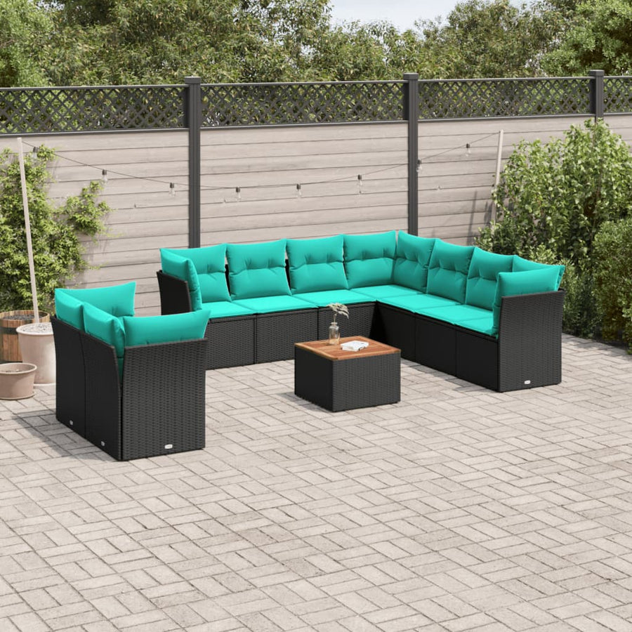 11-delige Loungeset met kussens poly rattan zwart