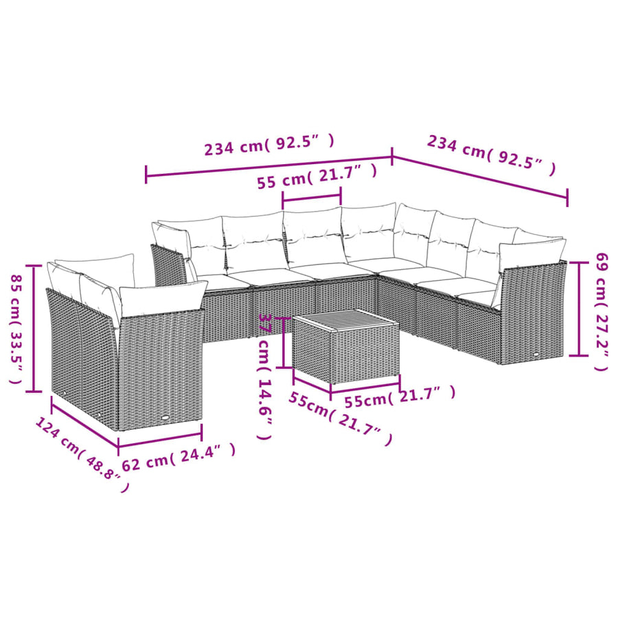 11-Delige Tuinset Met Kussens Poly Rattan Beige