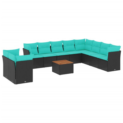11-delige Loungeset met kussens poly rattan zwart
