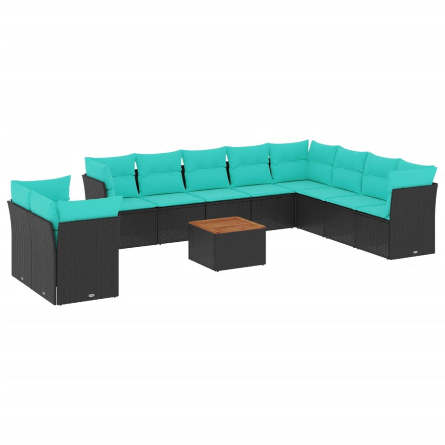11-delige Loungeset met kussens poly rattan zwart