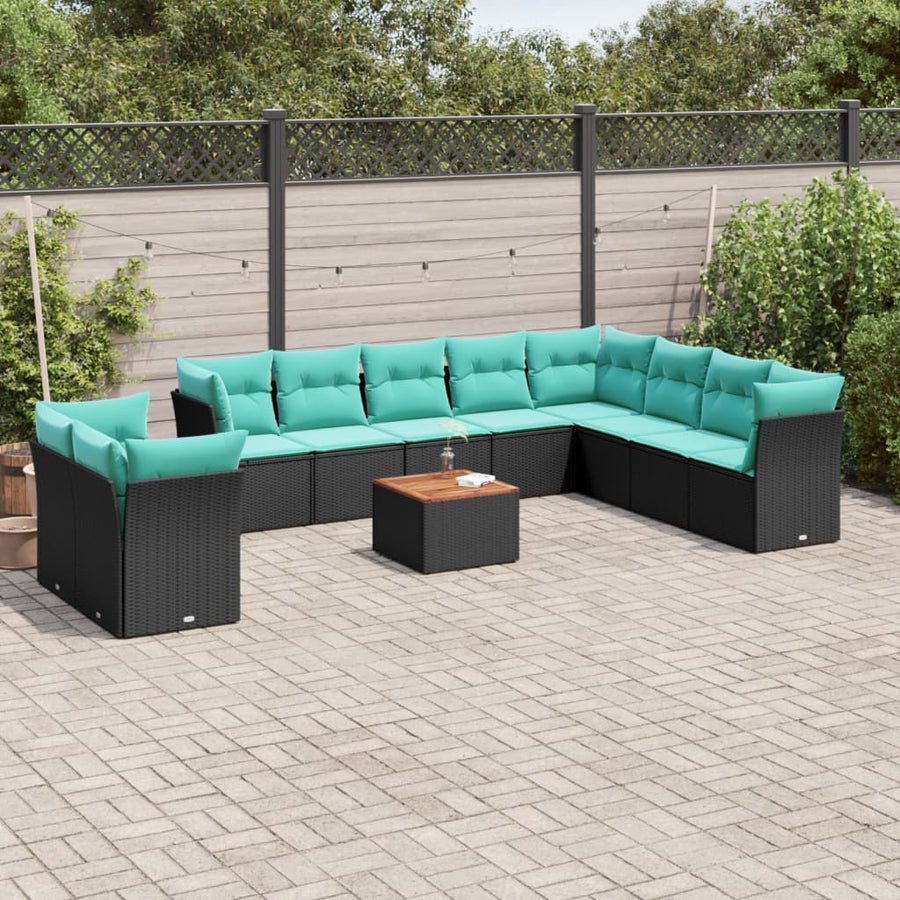 11-delige Loungeset met kussens poly rattan zwart