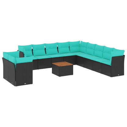 12-delige Loungeset met kussens poly rattan zwart