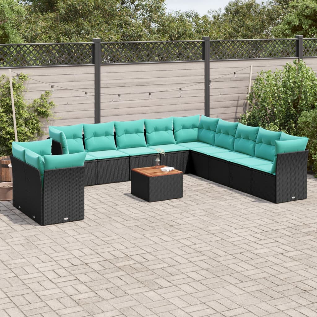 12-delige Loungeset met kussens poly rattan zwart