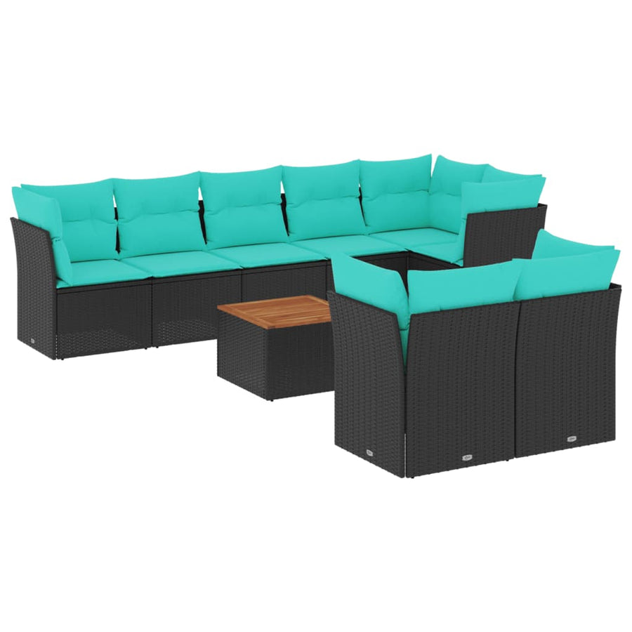 9-delige Loungeset met kussens poly rattan zwart
