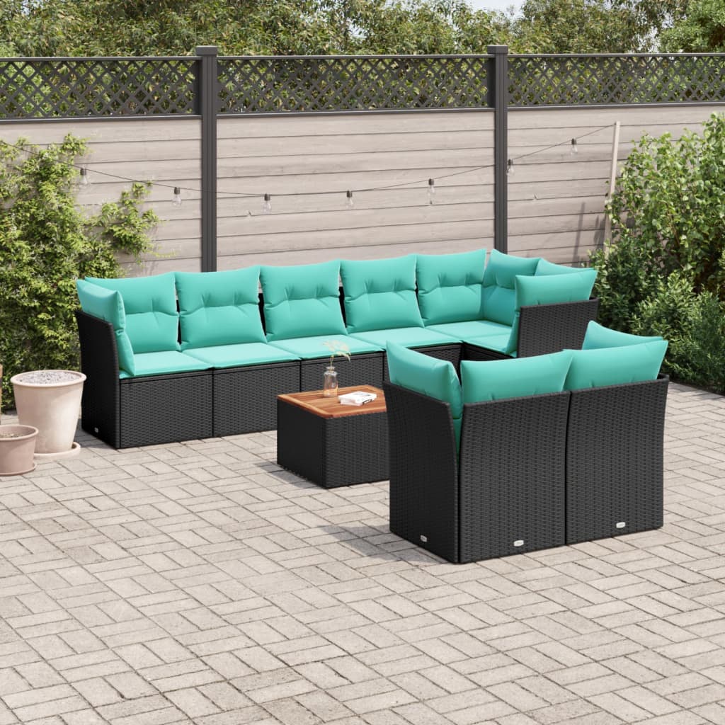 9-delige Loungeset met kussens poly rattan zwart