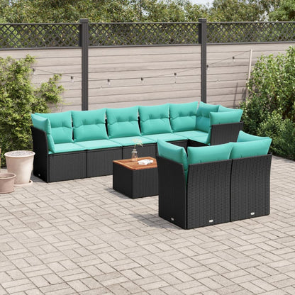 9-delige Loungeset met kussens poly rattan zwart