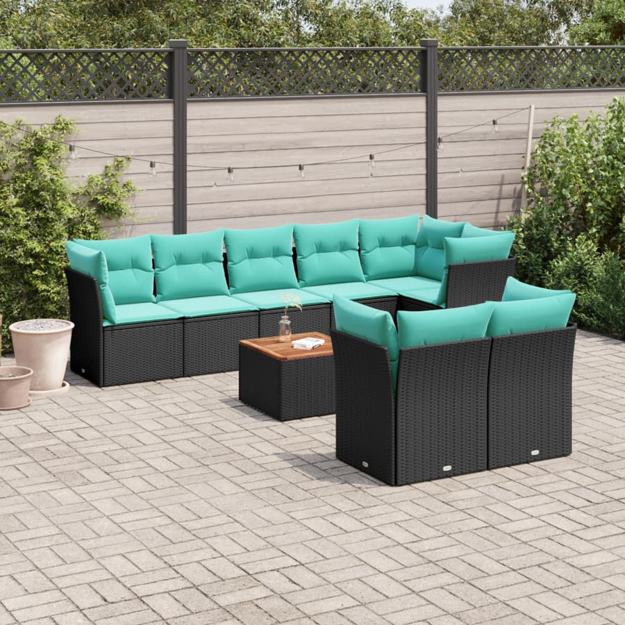 9-delige Loungeset met kussens poly rattan zwart
