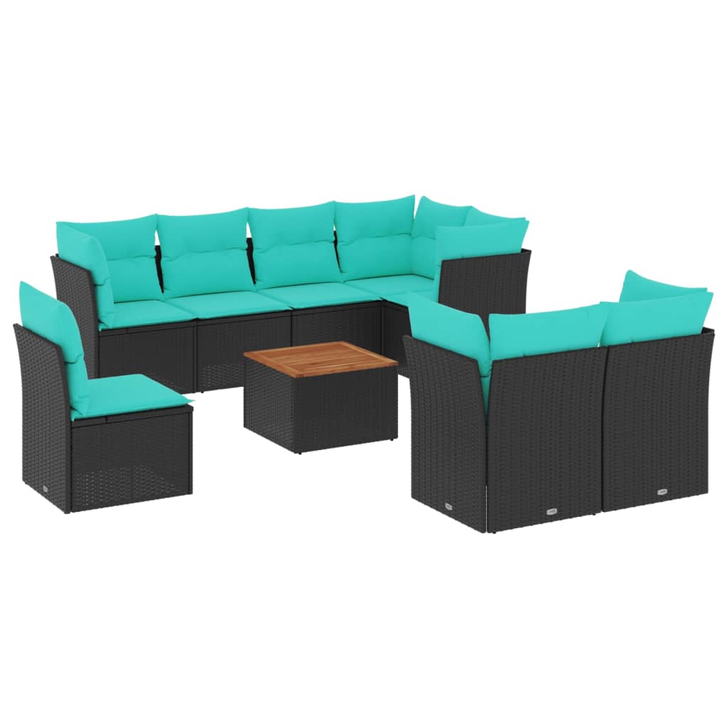 9-delige Loungeset met kussens poly rattan zwart