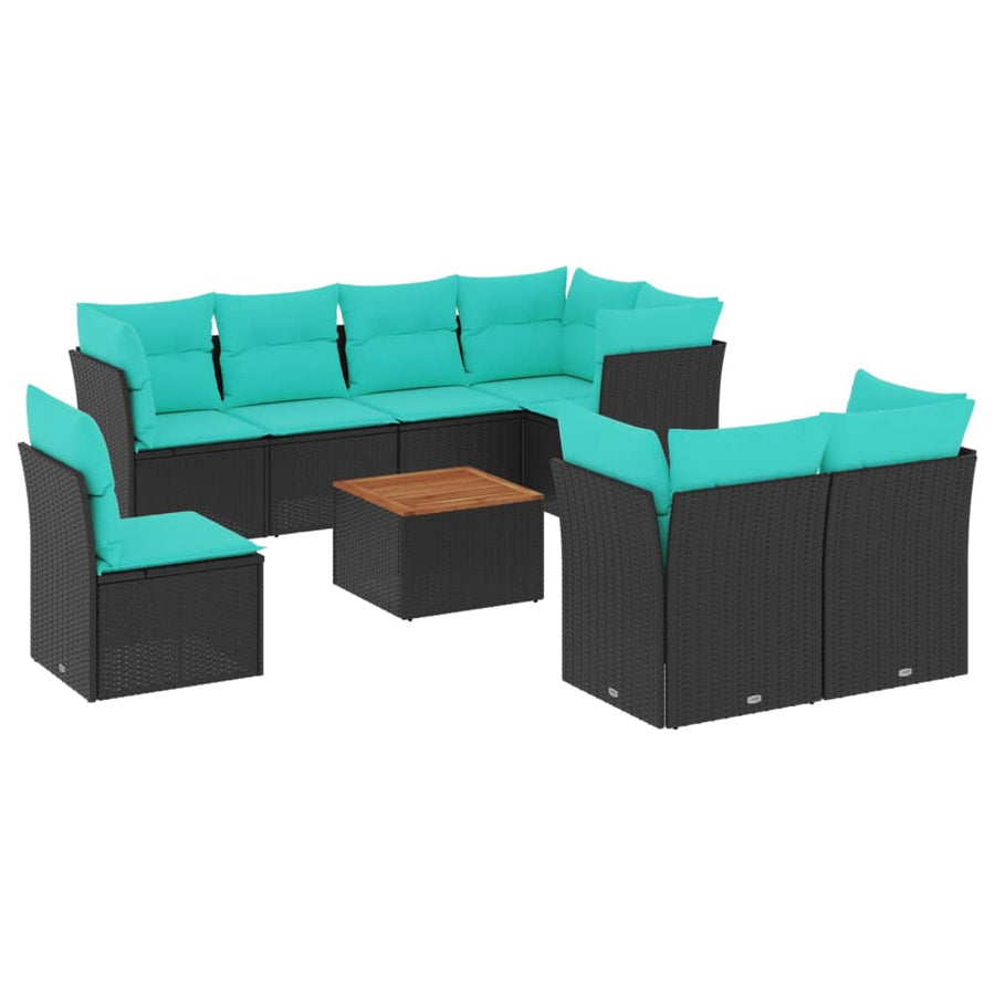 9-delige Loungeset met kussens poly rattan zwart