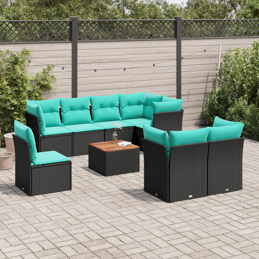 9-delige Loungeset met kussens poly rattan zwart
