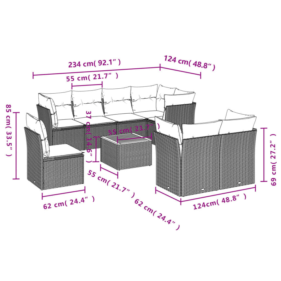 9-Delige Loungeset Met Kussens Poly Rattan Grijs