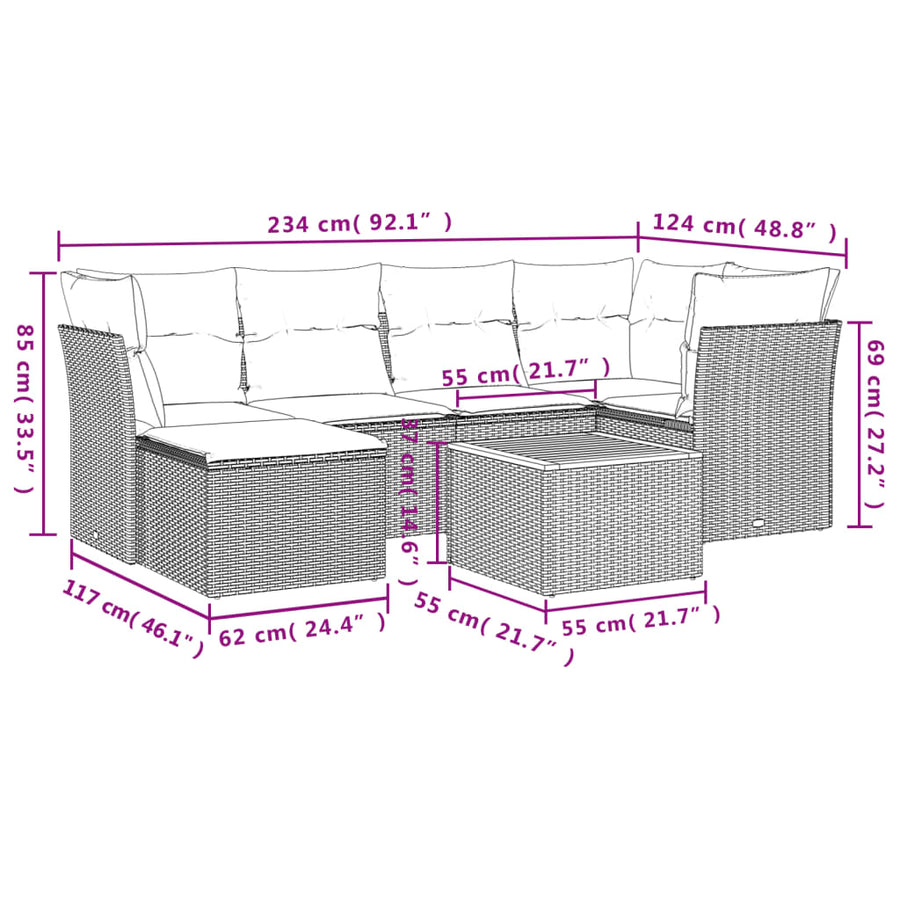 7-Delige Loungeset Met Kussens Poly Rattan Beige