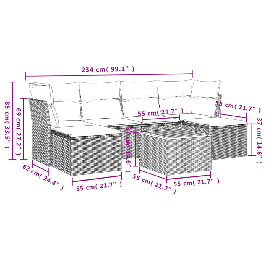 7-Delige Loungeset Met Kussens Poly Rattan Beige