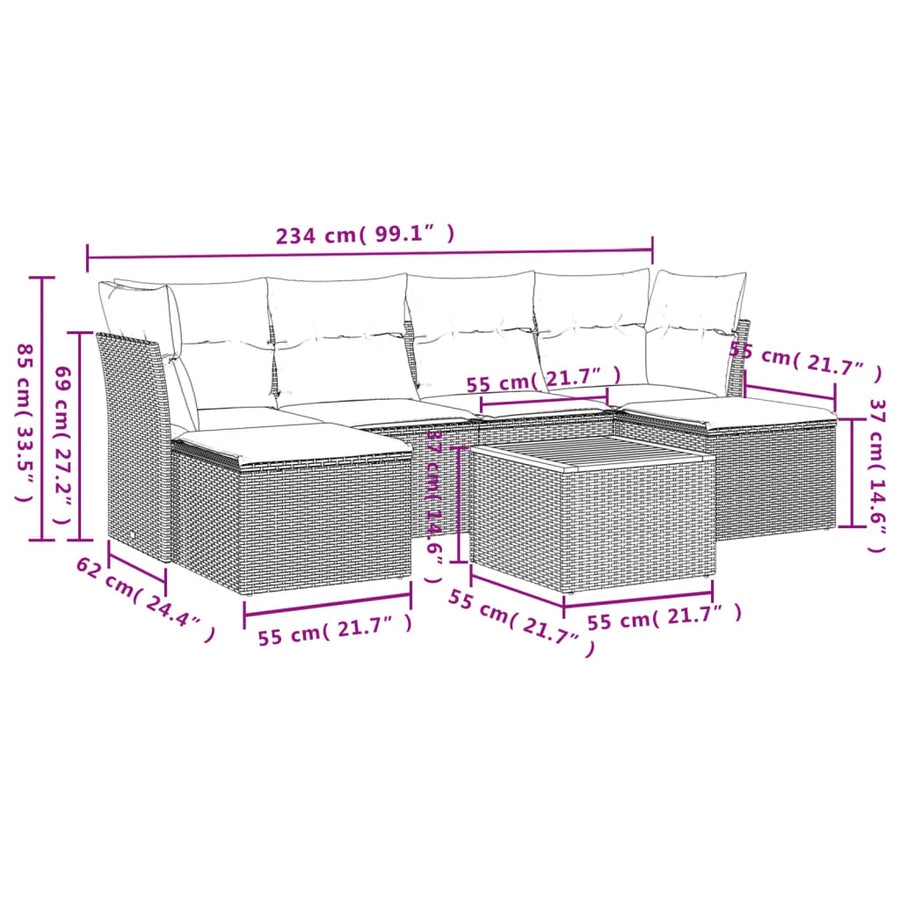 7-Delige Loungeset Met Kussens Poly Rattan Gemengd Beige