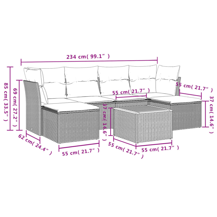 7-Delige Loungeset Met Kussens Poly Rattan Grijs