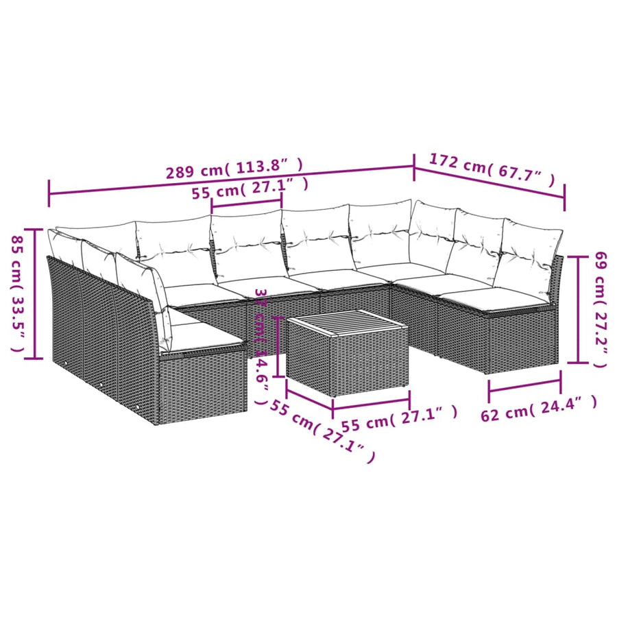 10-Delige Loungeset Met Kussens Poly Rattan Zwart