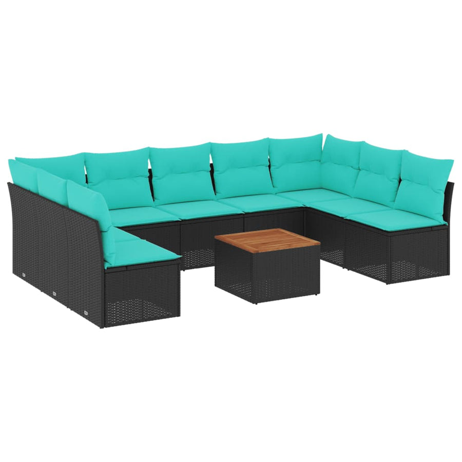 10-delige Loungeset met kussens poly rattan zwart
