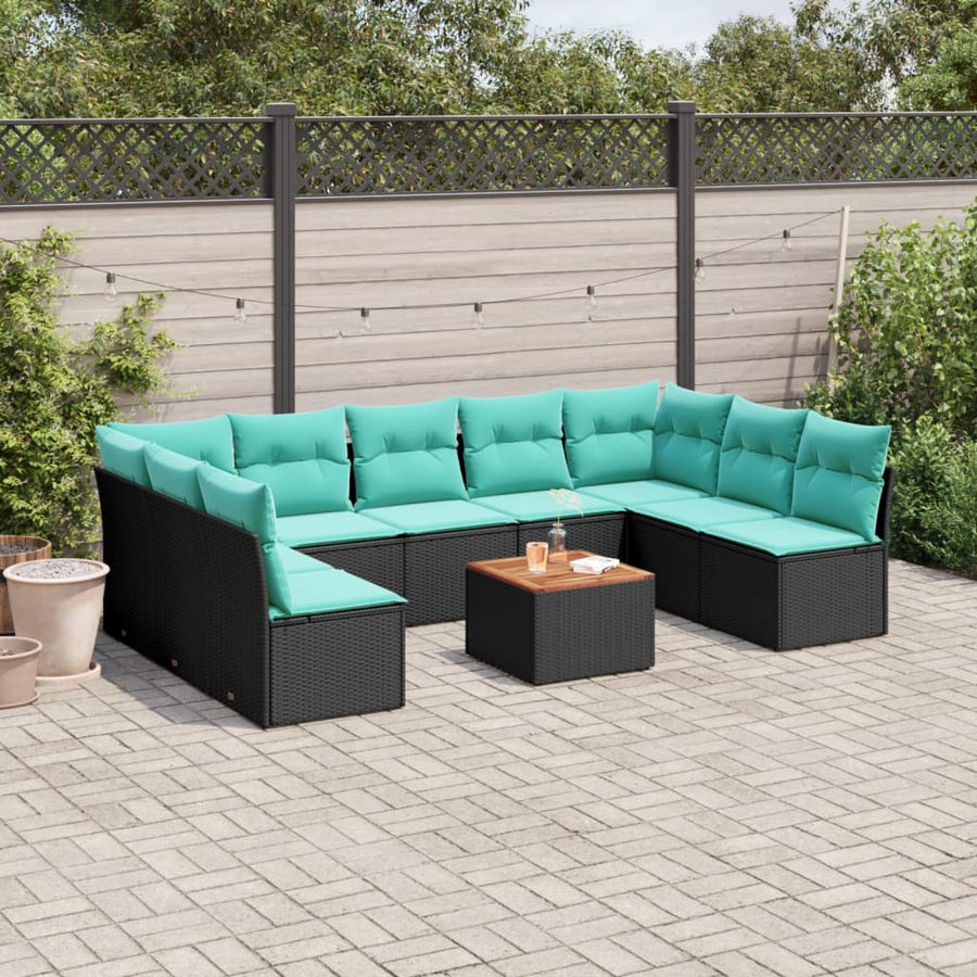 10-delige Loungeset met kussens poly rattan zwart