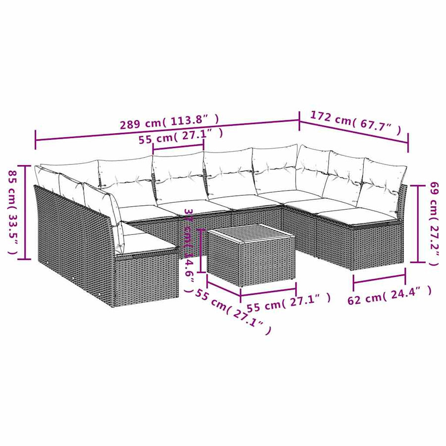 10-Delige Loungeset Met Kussens Poly Rattan