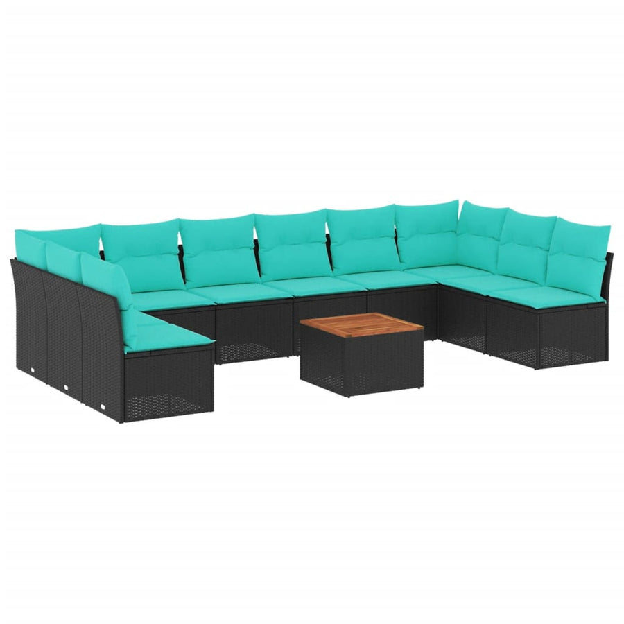 11-delige Loungeset met kussens poly rattan zwart