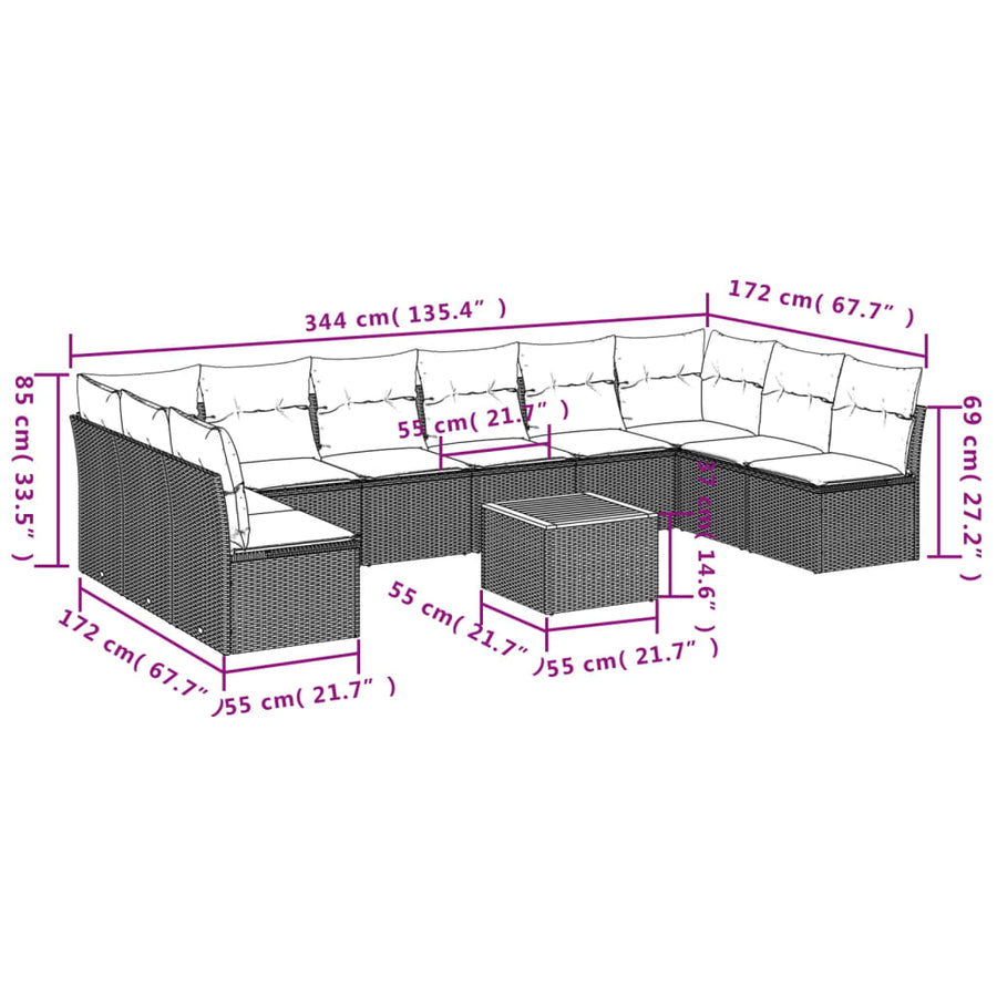 11-Delige Loungeset Met Kussens Poly Rattan Gemengd Beige