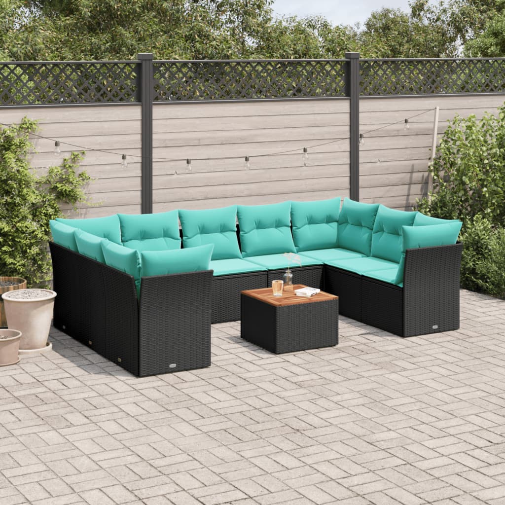 10-delige Loungeset met kussens poly rattan zwart