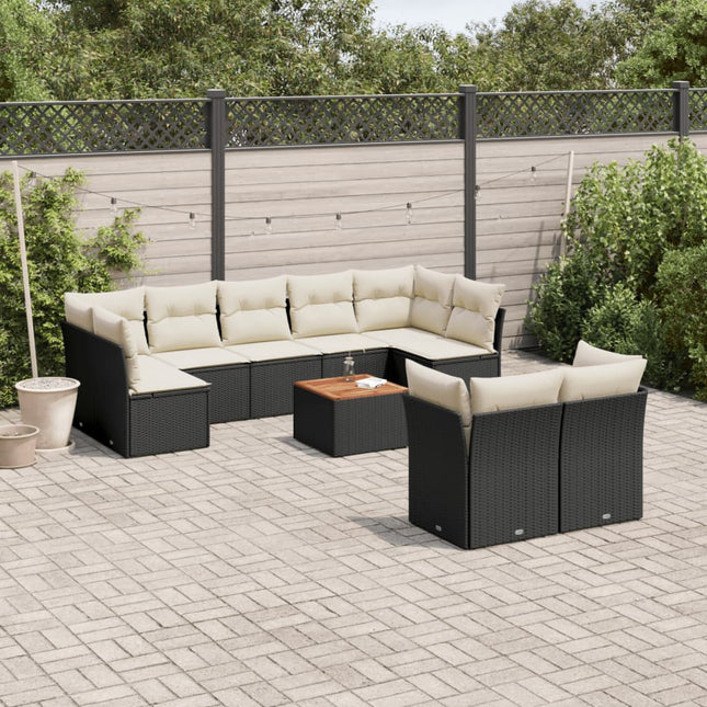 10-delige Loungeset met kussens poly rattan zwart