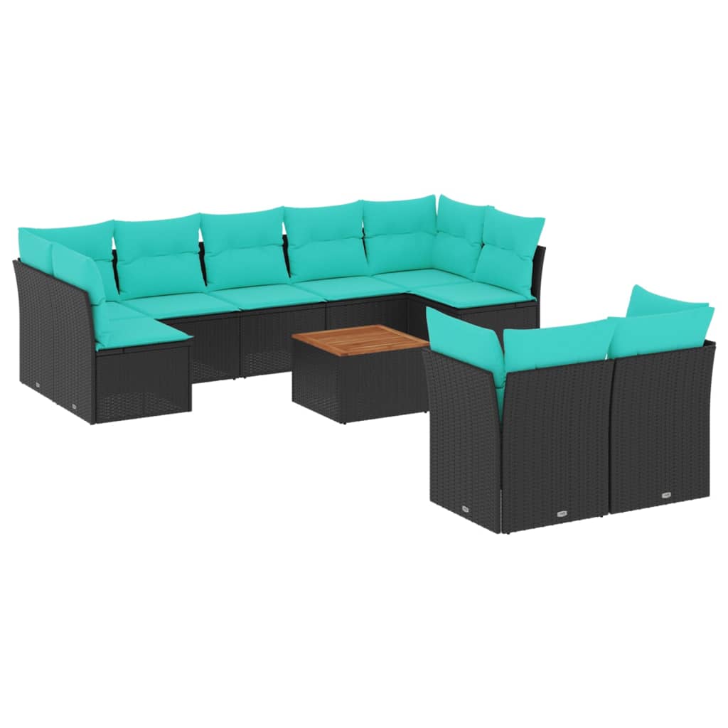 10-delige Loungeset met kussens poly rattan zwart