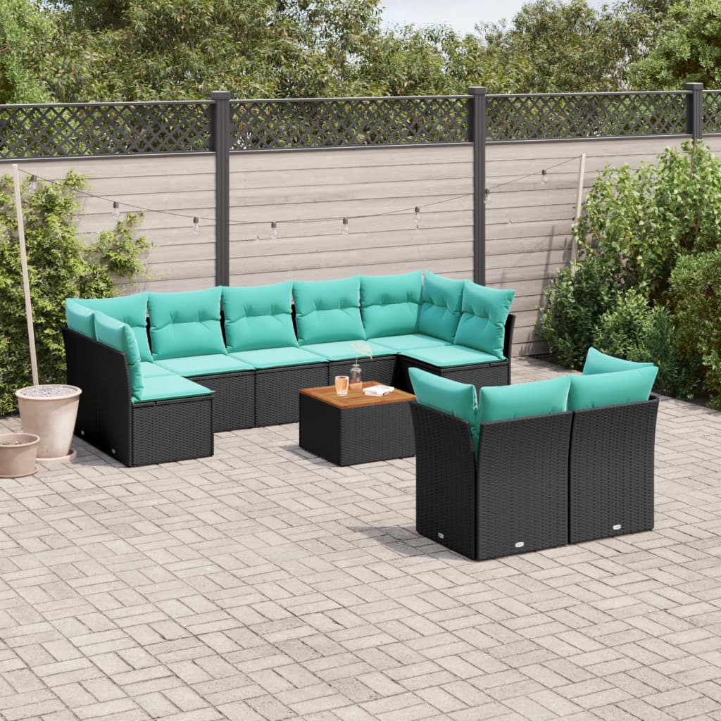 10-delige Loungeset met kussens poly rattan zwart