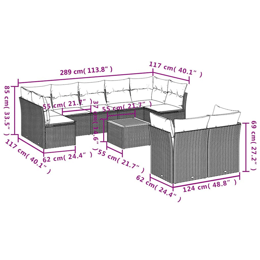 10-Delige Loungeset Met Kussens Poly Rattan