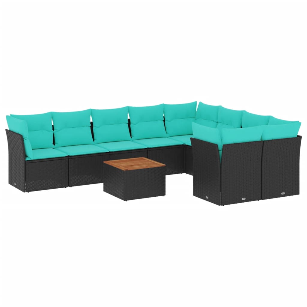 10-delige Loungeset met kussens poly rattan zwart