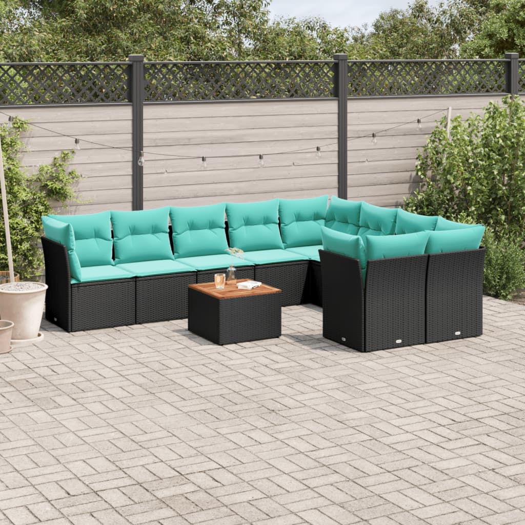 10-delige Loungeset met kussens poly rattan zwart