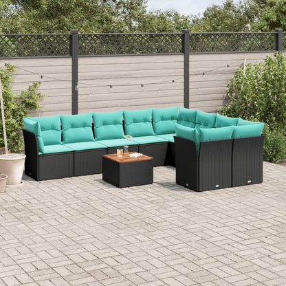 10-delige Loungeset met kussens poly rattan zwart