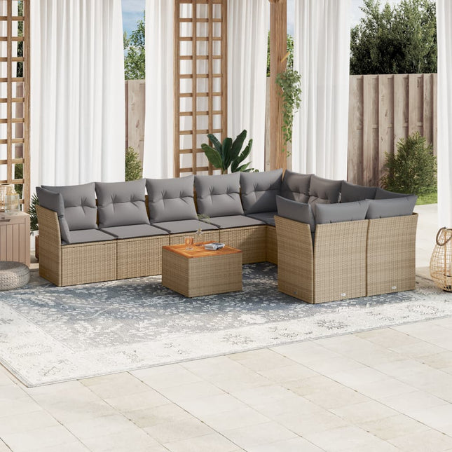 10-Delige Loungeset Met Kussens Poly Rattan Gemengd Beige