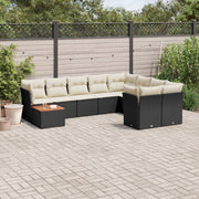 Loungeset 10-delig poly rattan zwart met kussens