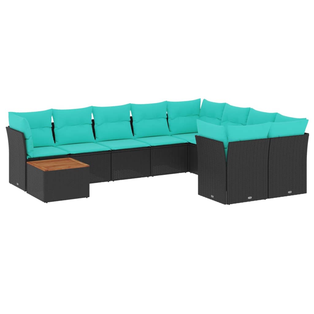 10-delige Loungeset met kussens poly rattan zwart