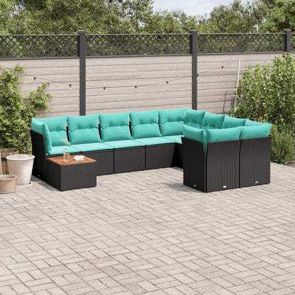 10-delige Loungeset met kussens poly rattan zwart