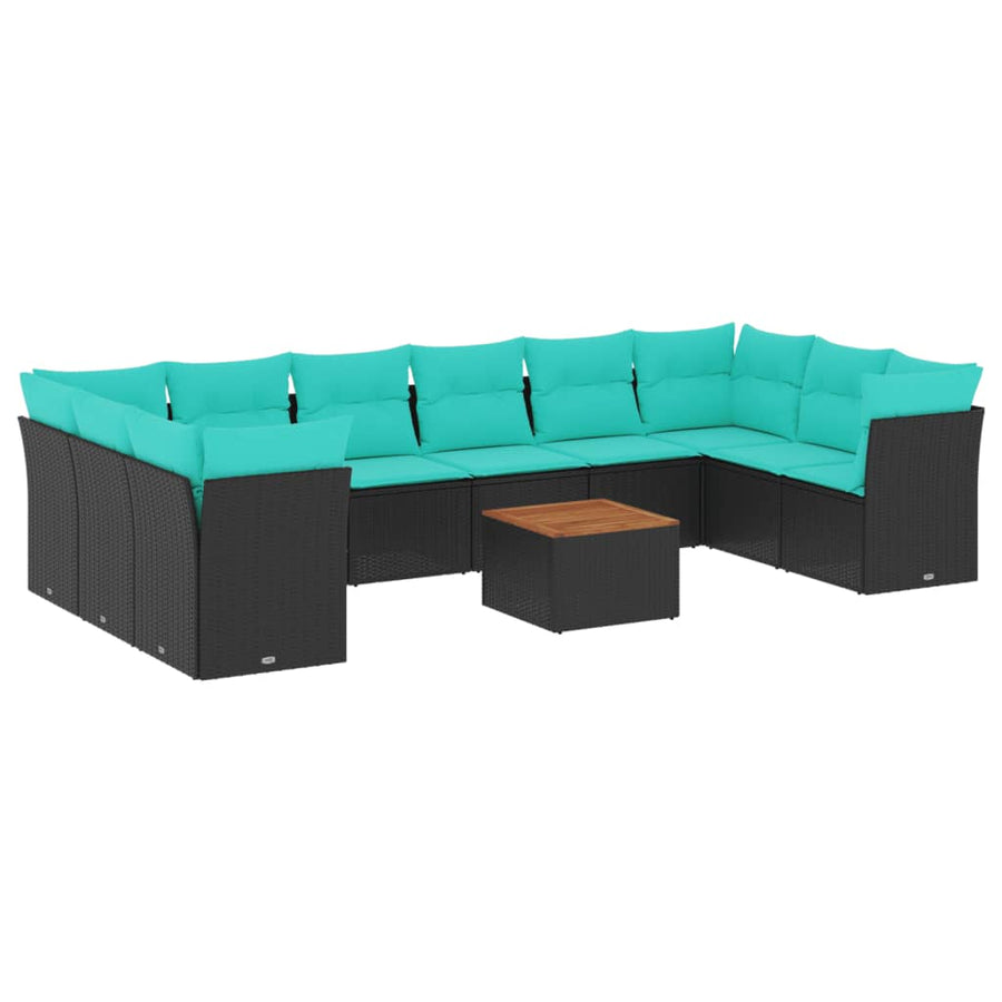 11-delige Loungeset met kussens poly rattan zwart
