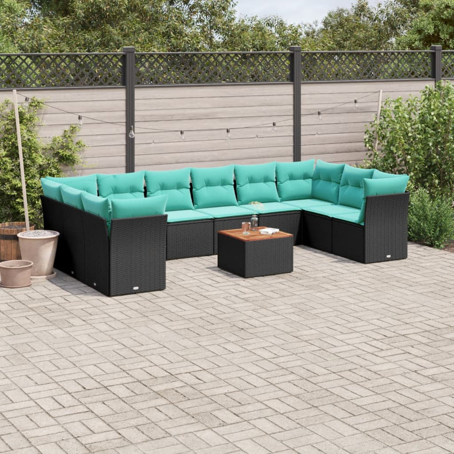 11-delige Loungeset met kussens poly rattan zwart