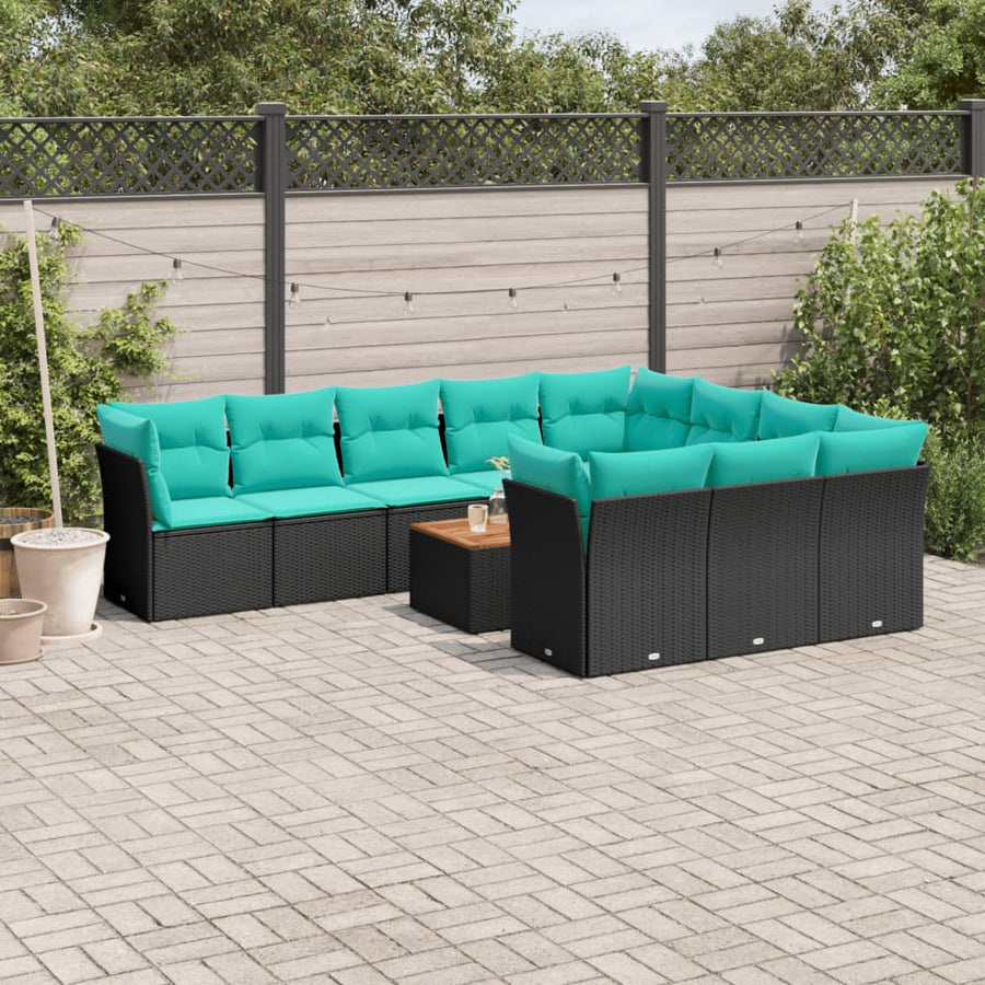 11-delige Loungeset met kussens poly rattan zwart