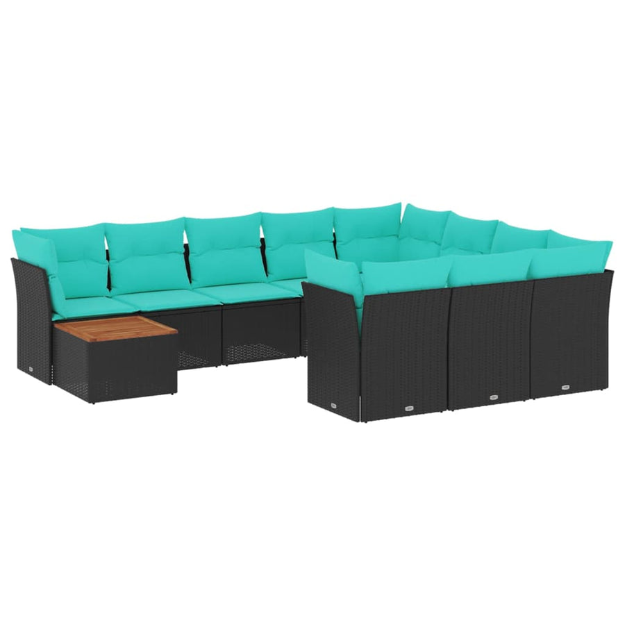 11-delige Loungeset met kussens poly rattan zwart