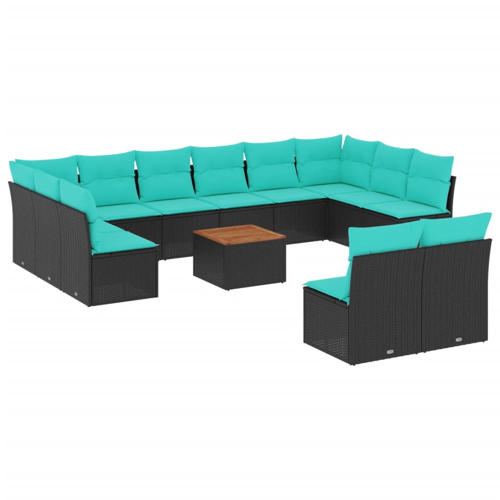 13-delige Loungeset met kussens poly rattan zwart