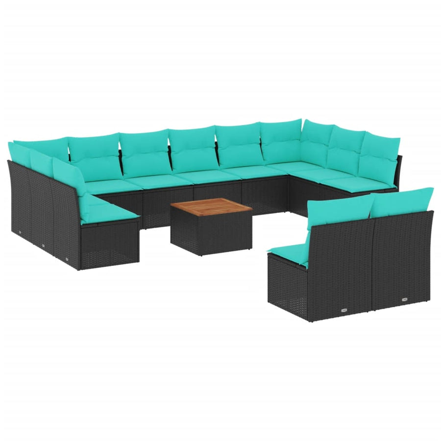 13-delige Loungeset met kussens poly rattan zwart