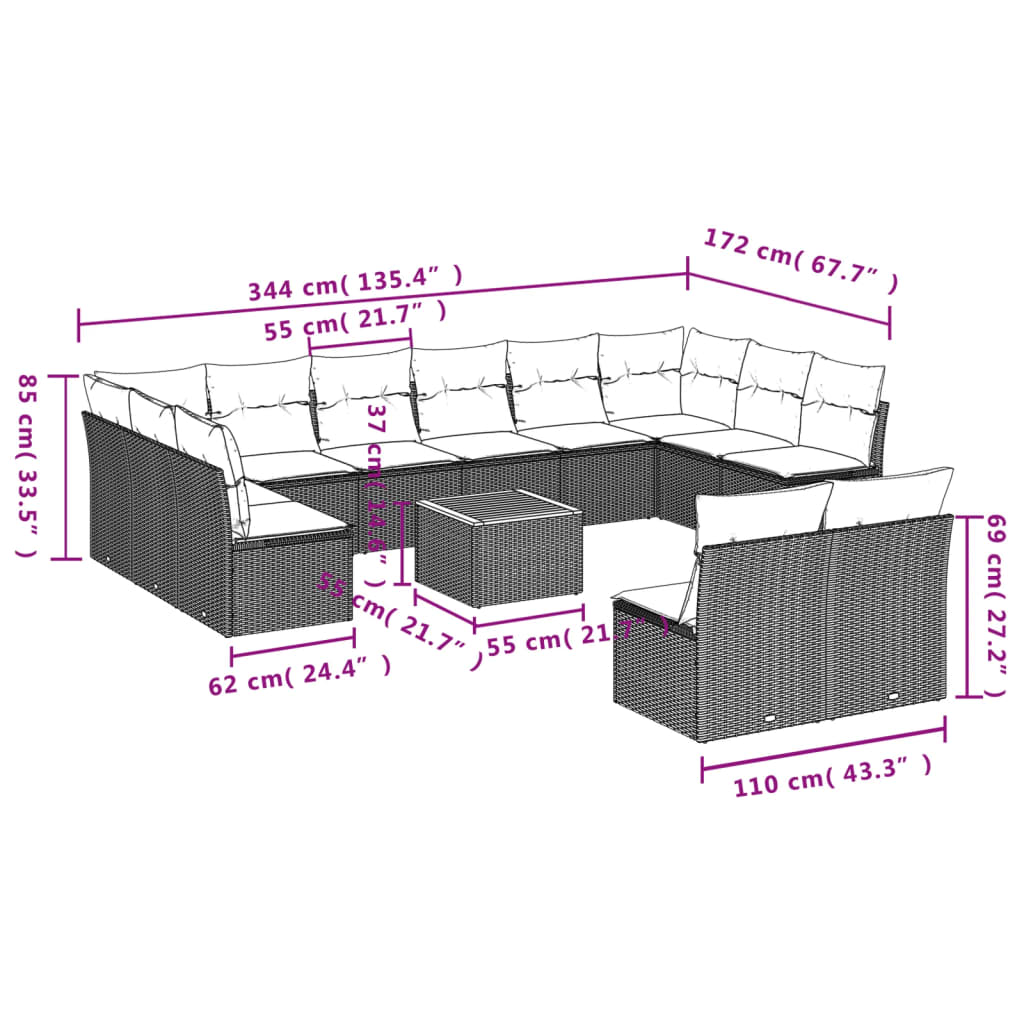 13-delige Loungeset met kussens poly rattan zwart