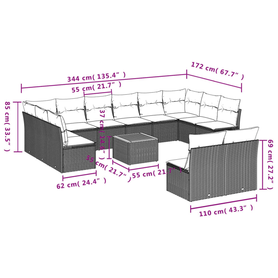 13-delige Loungeset met kussens poly rattan zwart