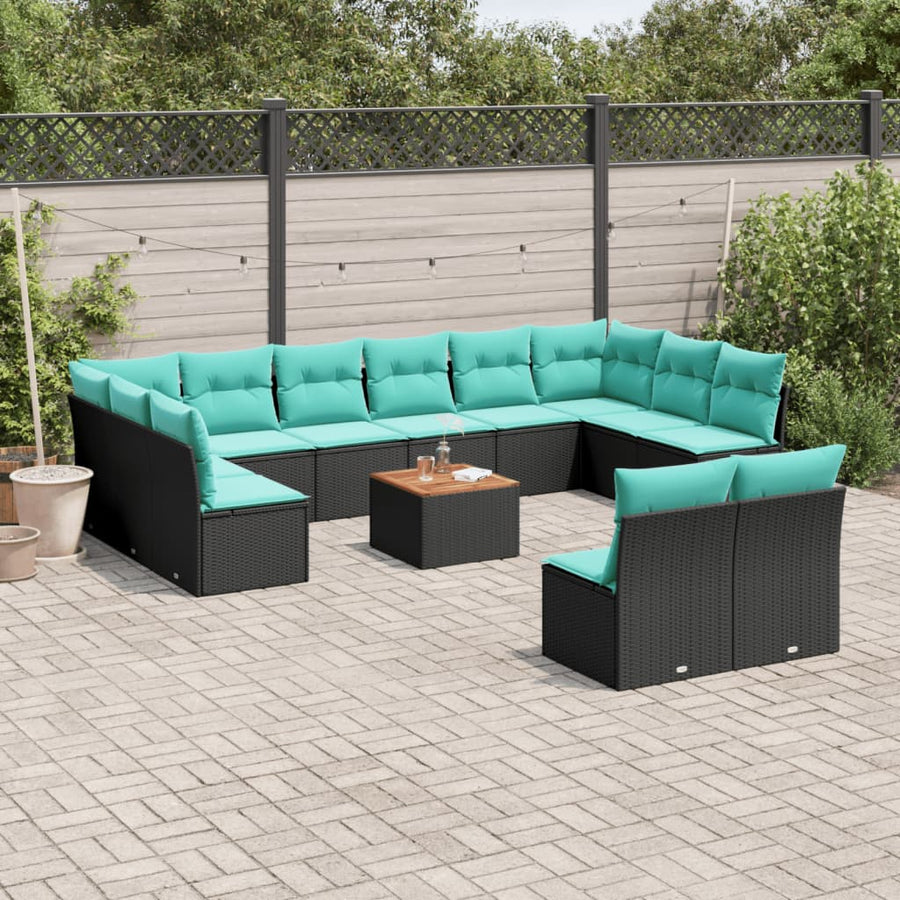 13-delige Loungeset met kussens poly rattan zwart