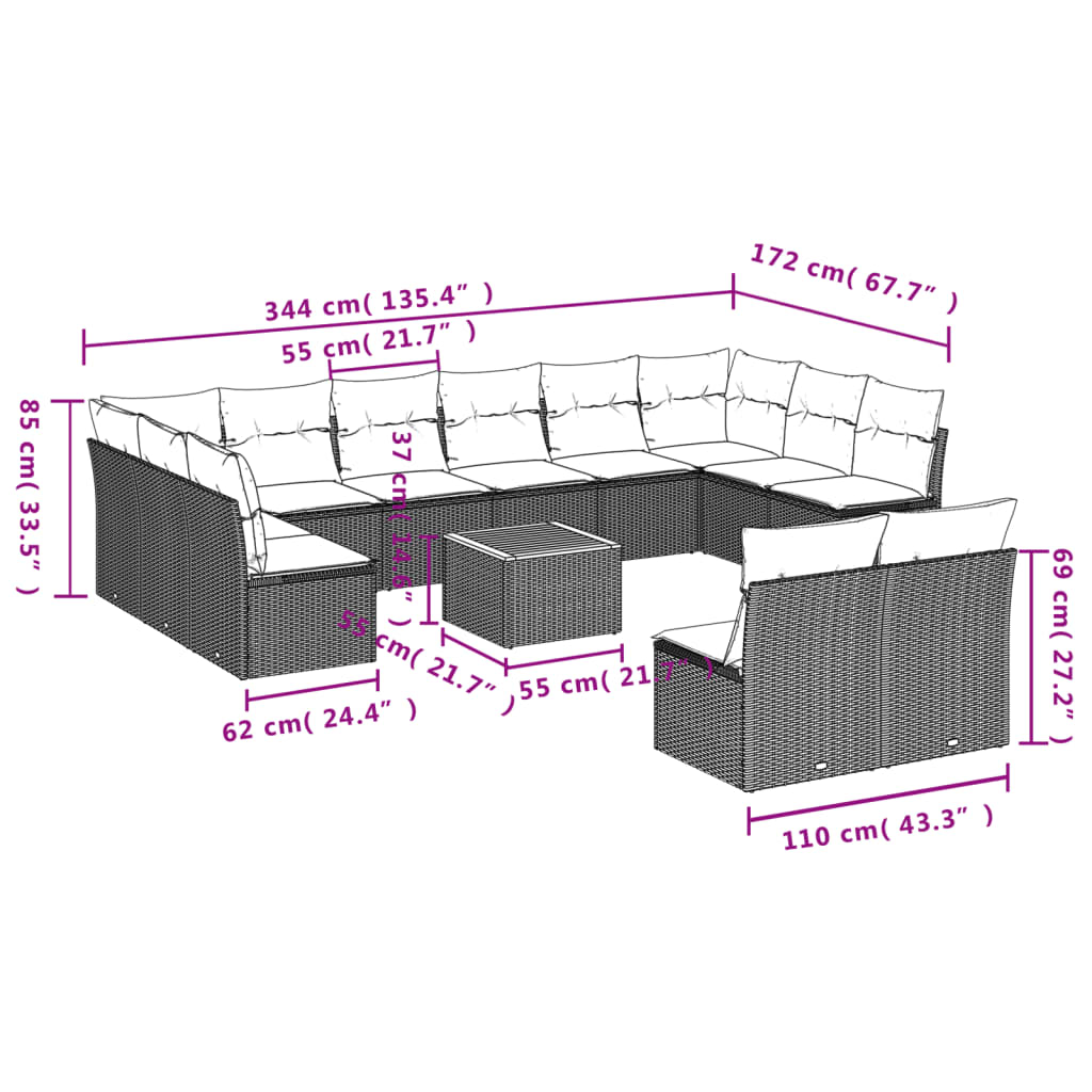 13-Delige Loungeset Met Kussens Poly Rattan Beige