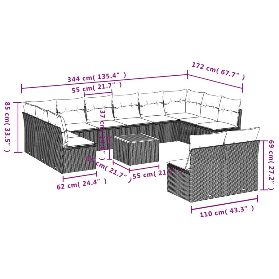 13-Delige Loungeset Met Kussens Poly Rattan Gemengd Beige