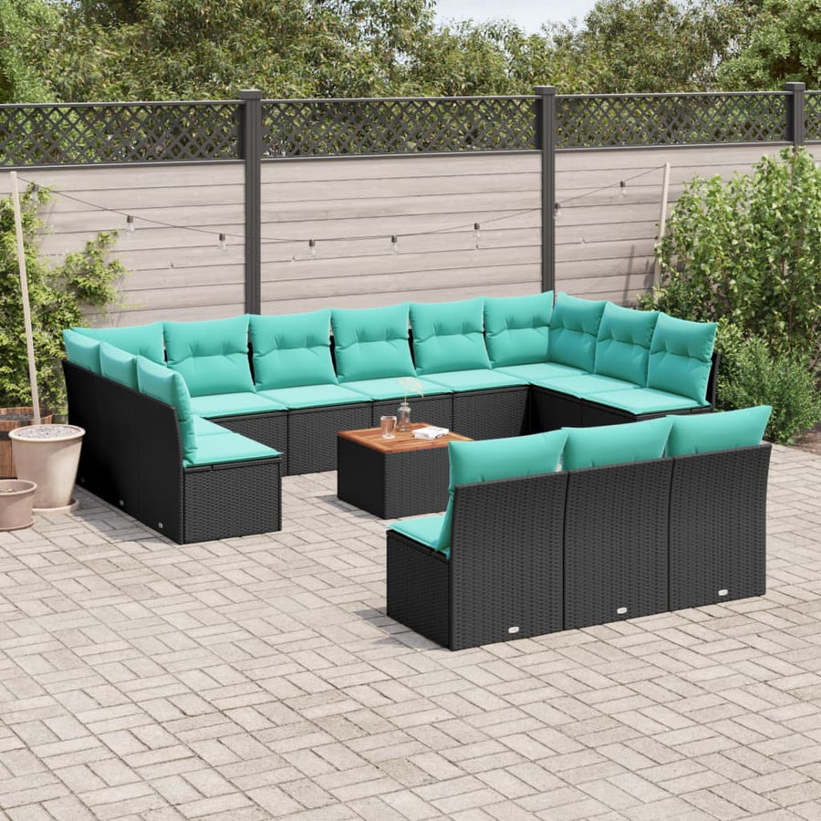 14-delige Loungeset met kussens poly rattan zwart